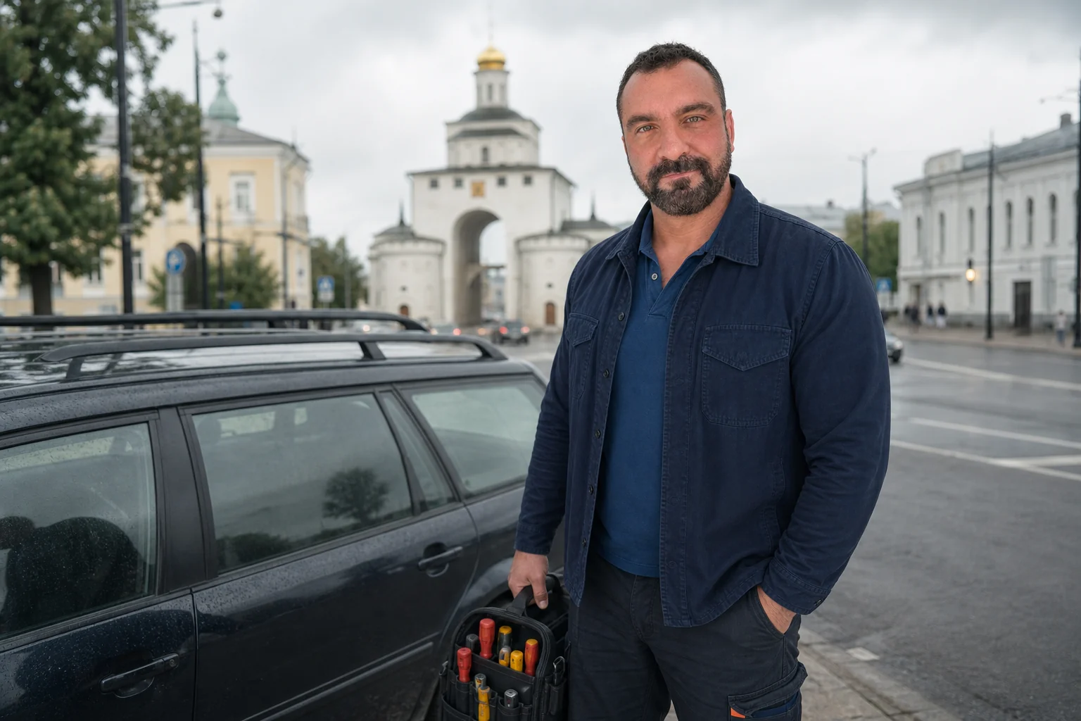 Виталий с инструментами во Владимире у Золотых ворот